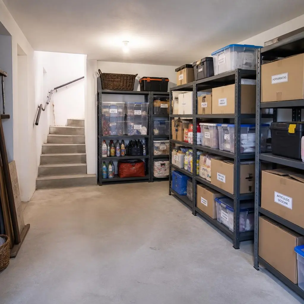Bodega residencial organizada con estantes y cajas